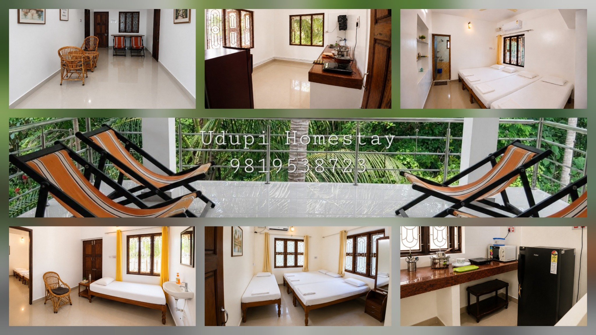 Entire Homestay collage showing rooms, kitchens, hall and balcony at Balakrishna Udupi Homestay
