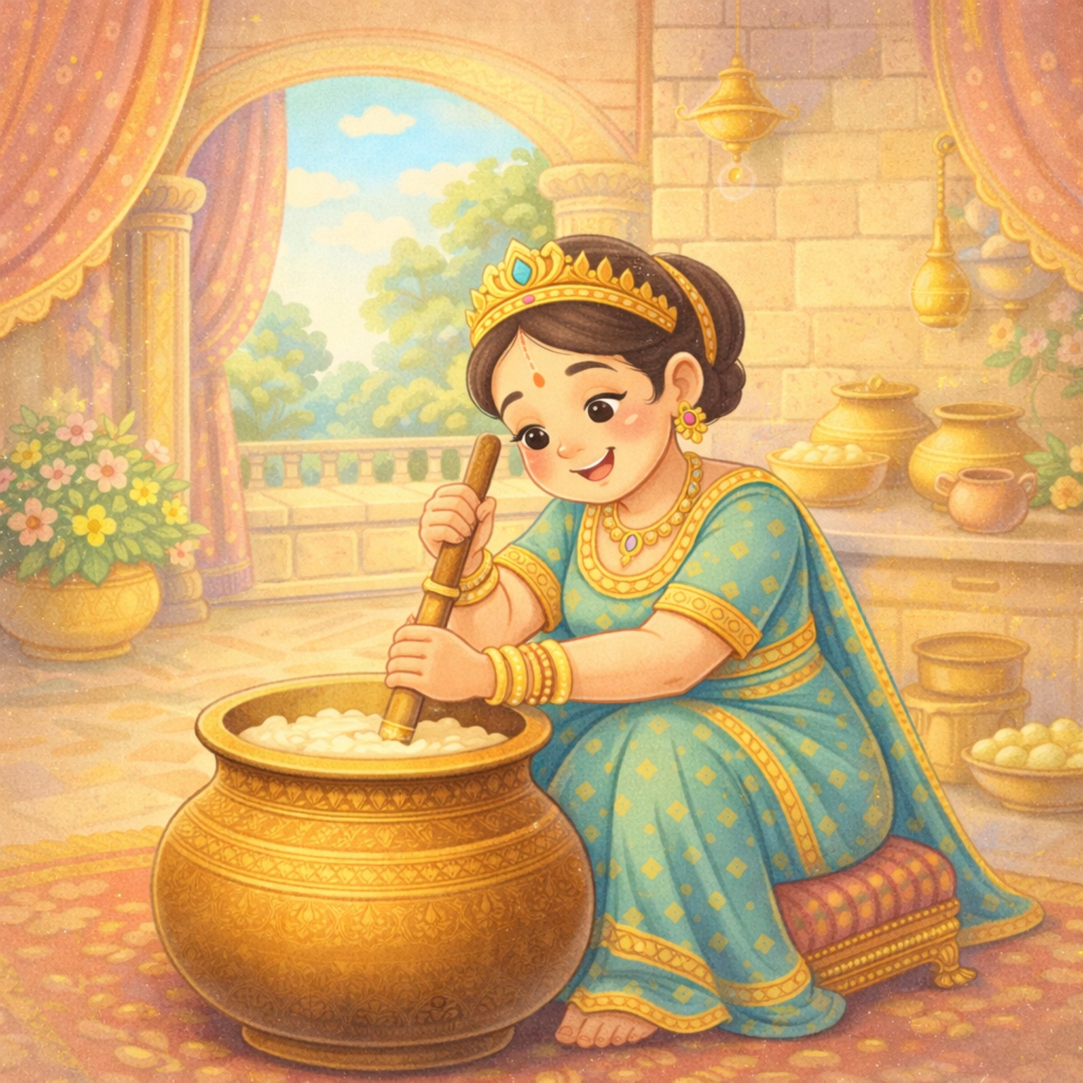 Mother Yashoda lovingly churning butter for child Krishna in Gokul