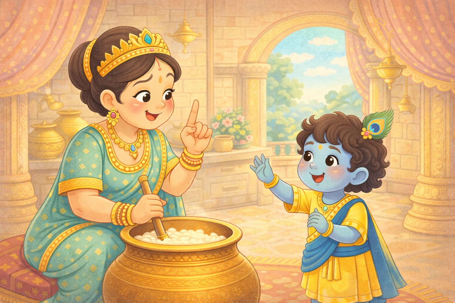 Child Krishna asking Mother Yashoda for butter while she churns in Gokul