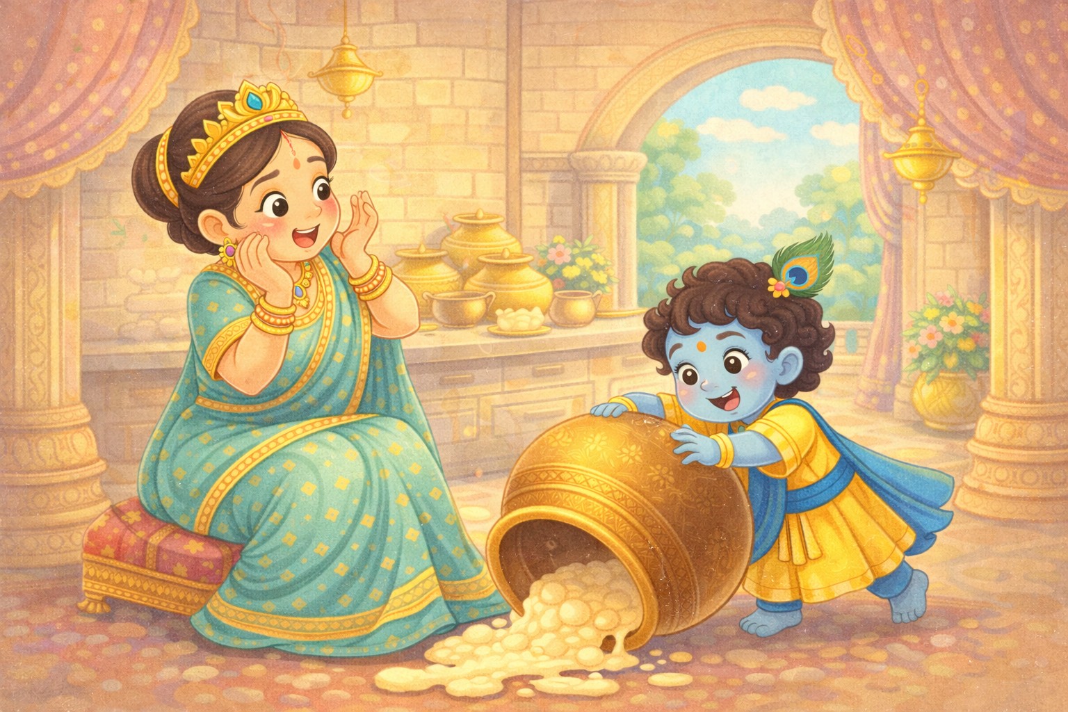 Mischievous child Krishna pushing over the butter pot as Yashoda watches in surprise