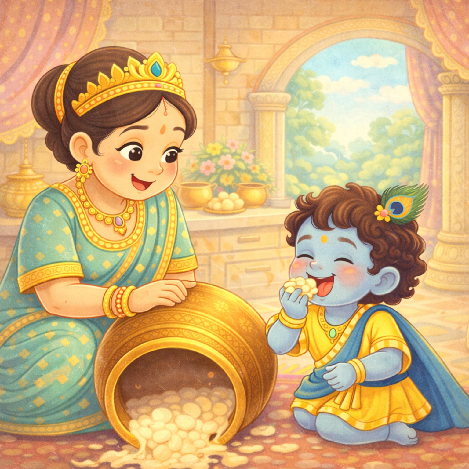 Child Krishna happily eating butter while Mother Yashoda smiles lovingly