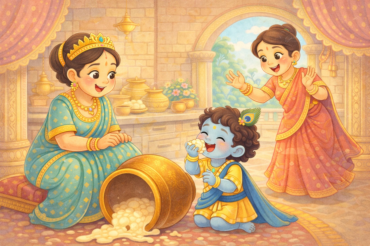 Queen Rukmini seeing child Krishna as the playful butter thief of Gokul