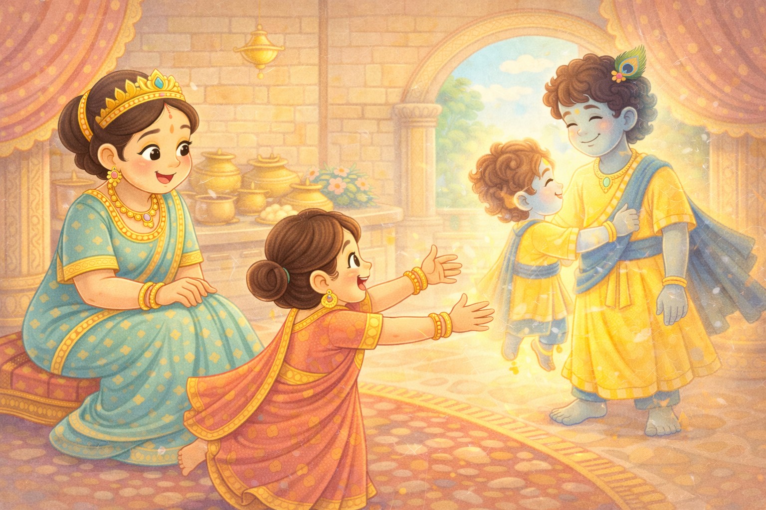 Child Krishna merging into the adult form of Lord Krishna before Rukmini