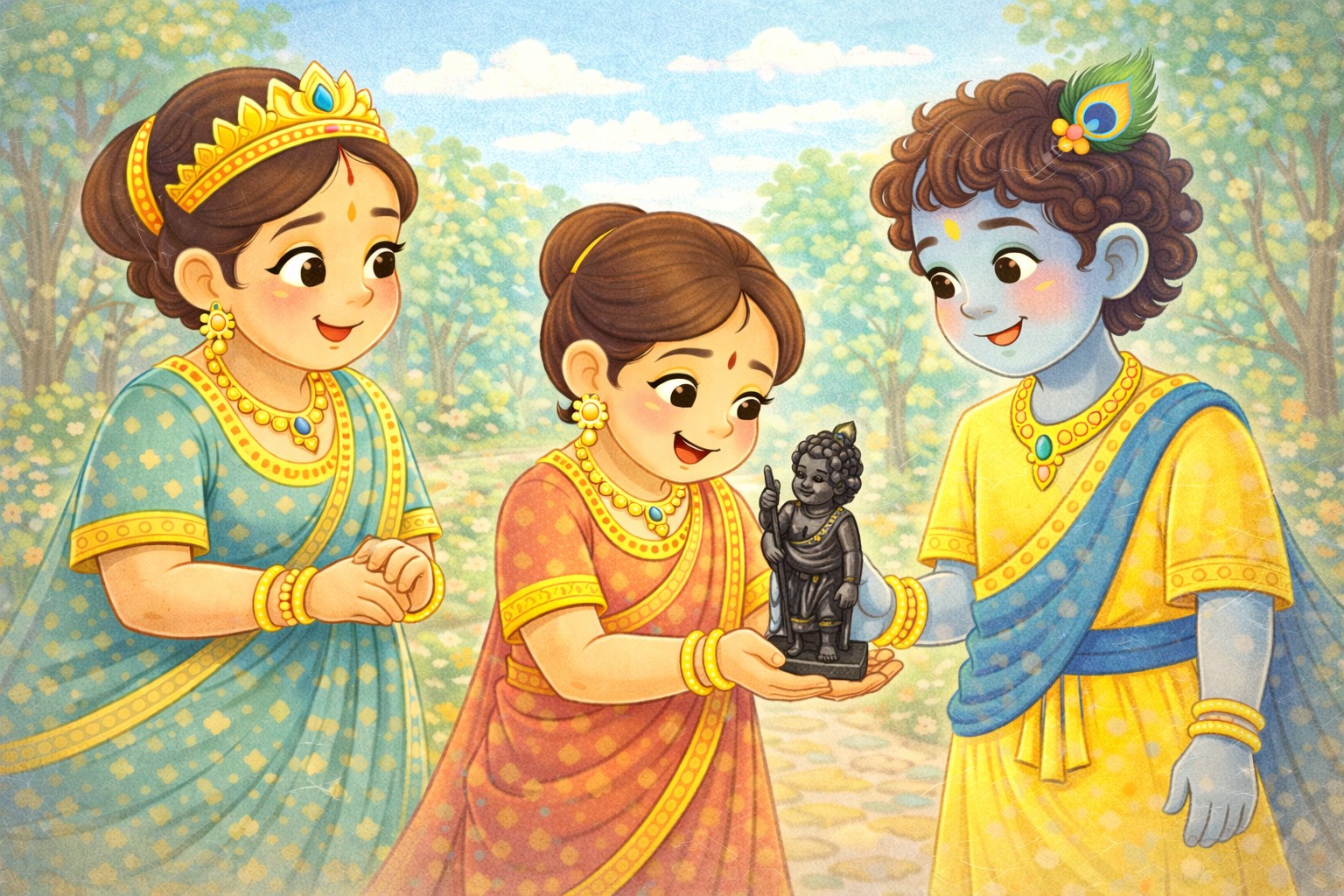 Lord Krishna gifting the black stone Balakrishna idol to Queen Rukmini