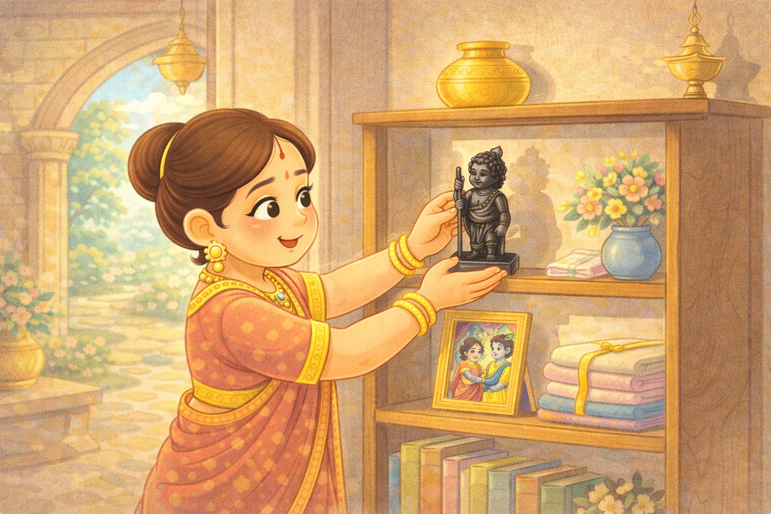 Queen Rukmini worshipping the Balakrishna idol in Dwaraka