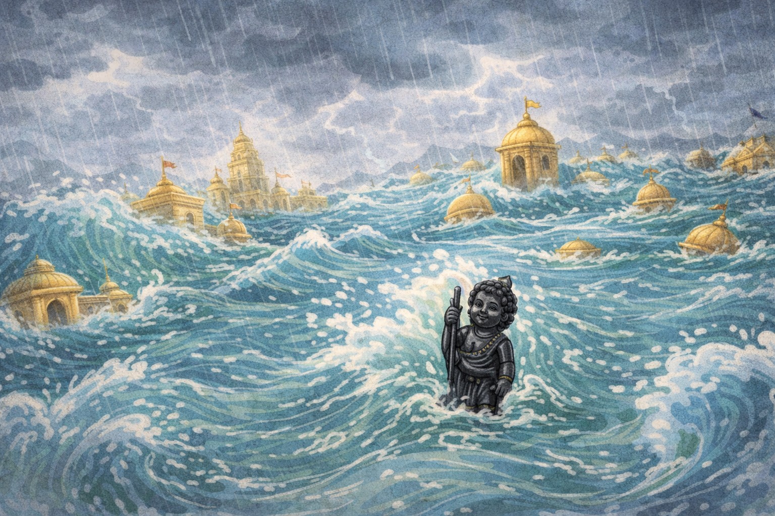 Dwaraka sinking beneath the sea while the Balakrishna idol remains protected in the waves