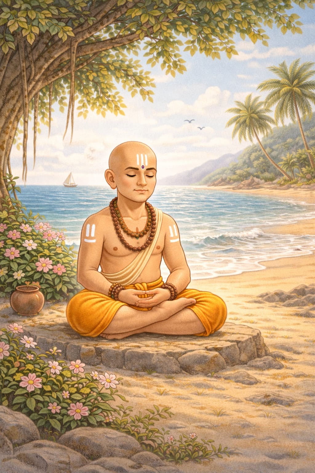 Sri Madhvacharya meditating on the shores of Malpe with a merchant ship on the distant horizon