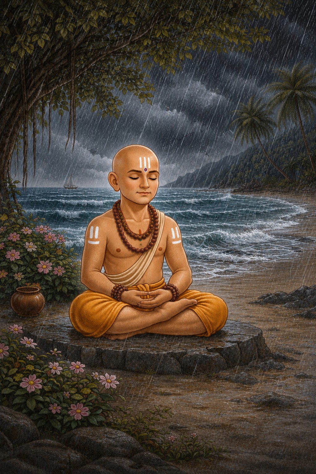 Dark storm clouds and heavy rain building over Malpe while Madhvacharya continues meditating
