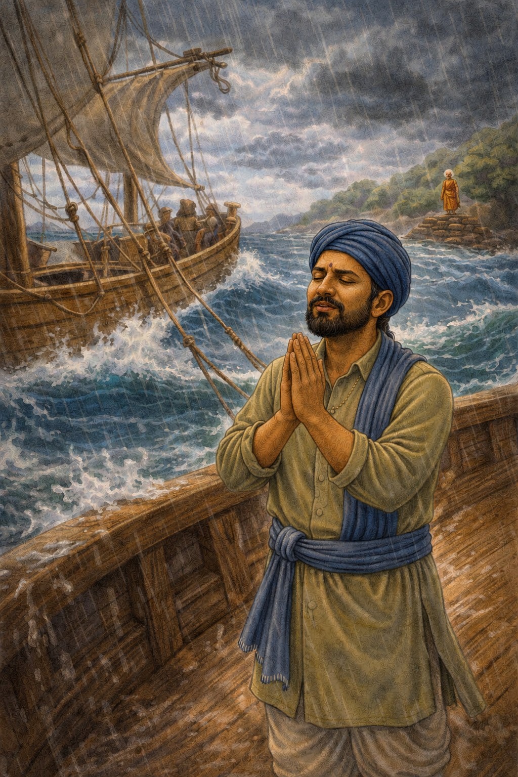 Merchant praying earnestly on a ship caught in a storm near Malpe while Madhvacharya stands in the distance