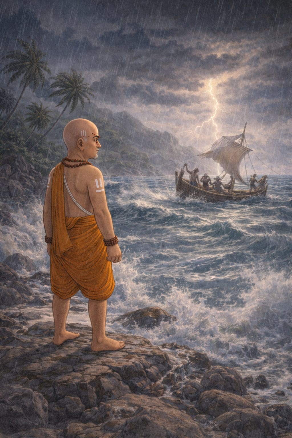 Sri Madhvacharya watching a distressed merchant ship struggle in the storm near Malpe