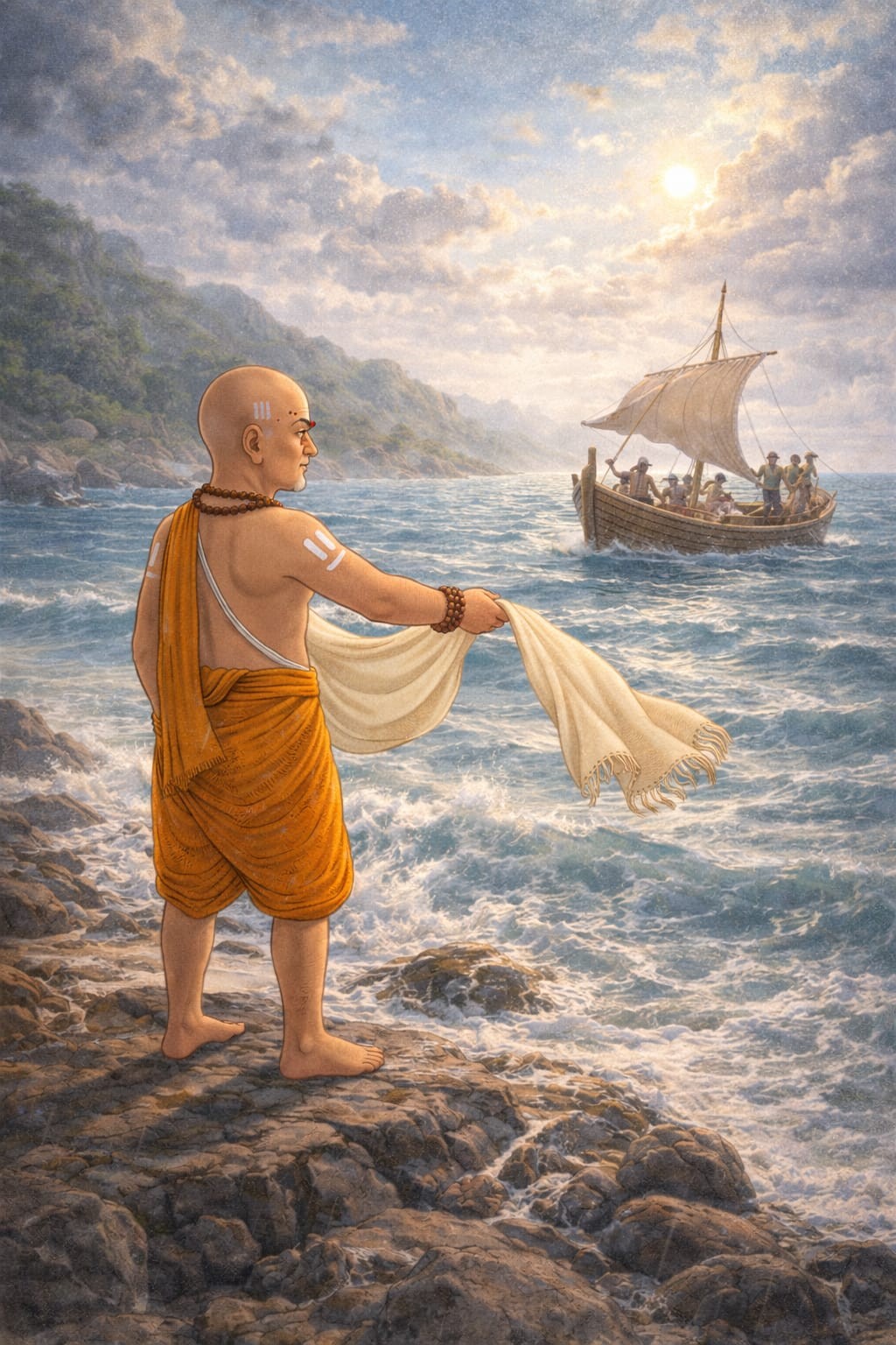 Sri Madhvacharya waving his panche cloth and calming the storm near Malpe