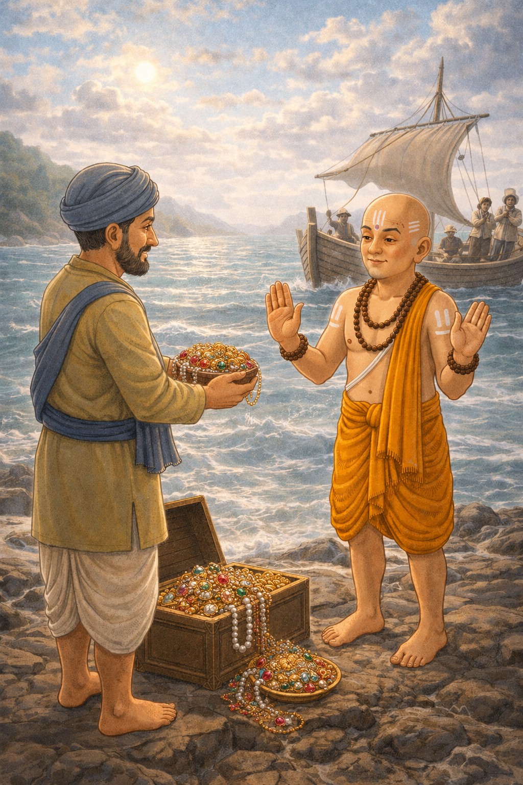 Grateful merchant offering gold and precious jewels to Sri Madhvacharya after safely reaching Malpe shore